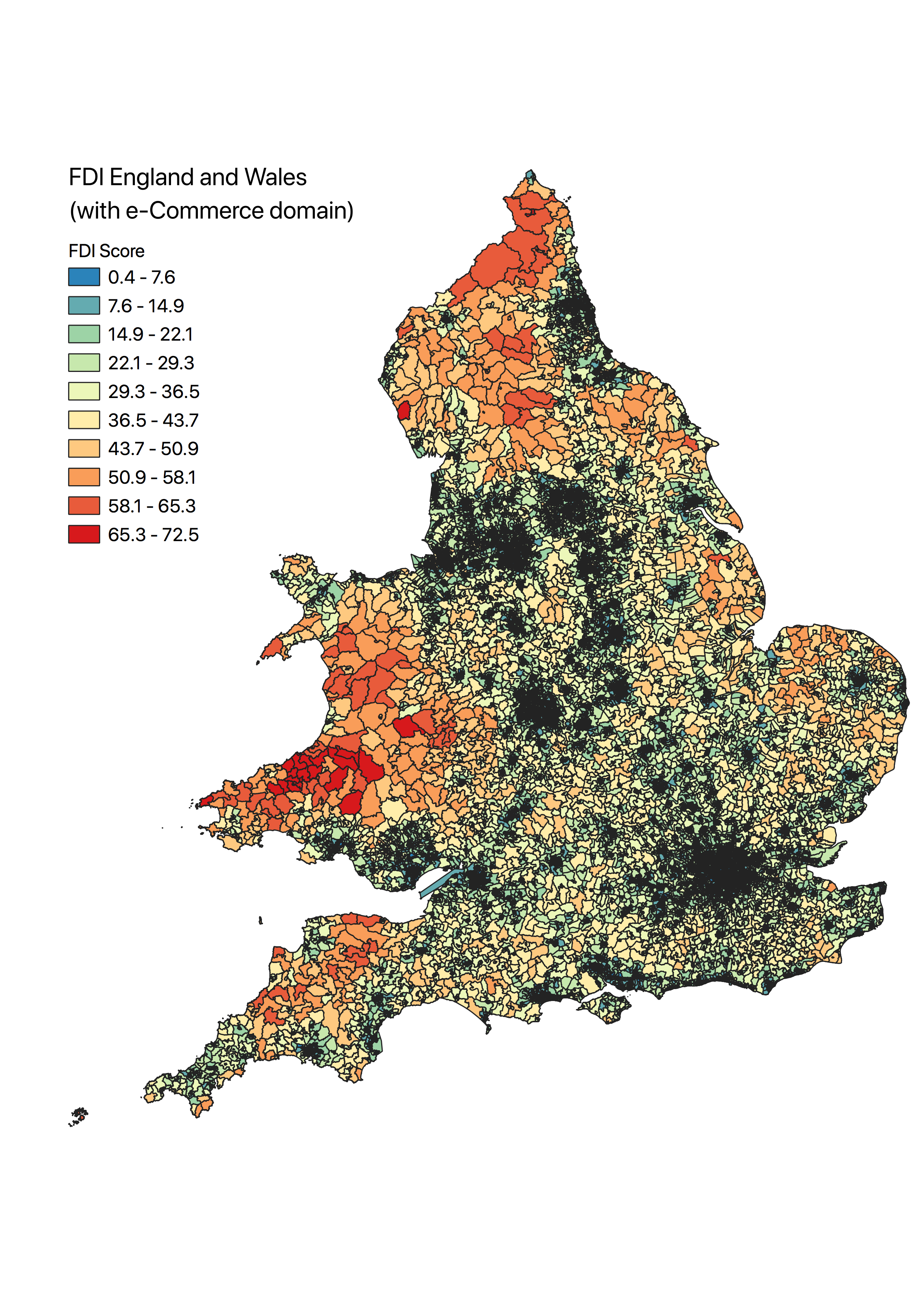 Map FDI Score England and Wales (with e-Commerce domain) - scores lower overall with higher scores in Wales and the counties bordering Scotland 