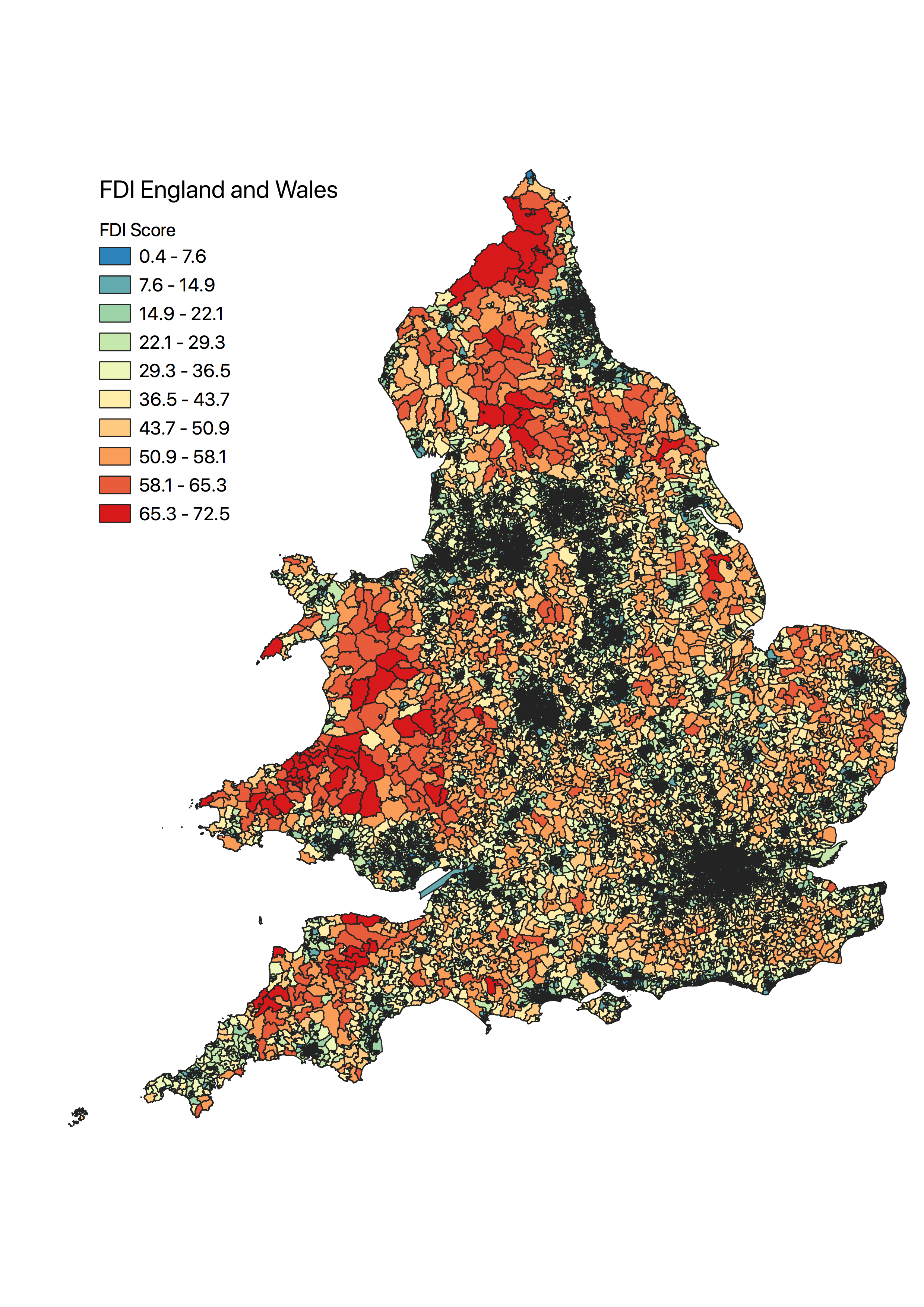 Map showing FDI score across England and Wales - highest scores in the North of England, Wales and Devon