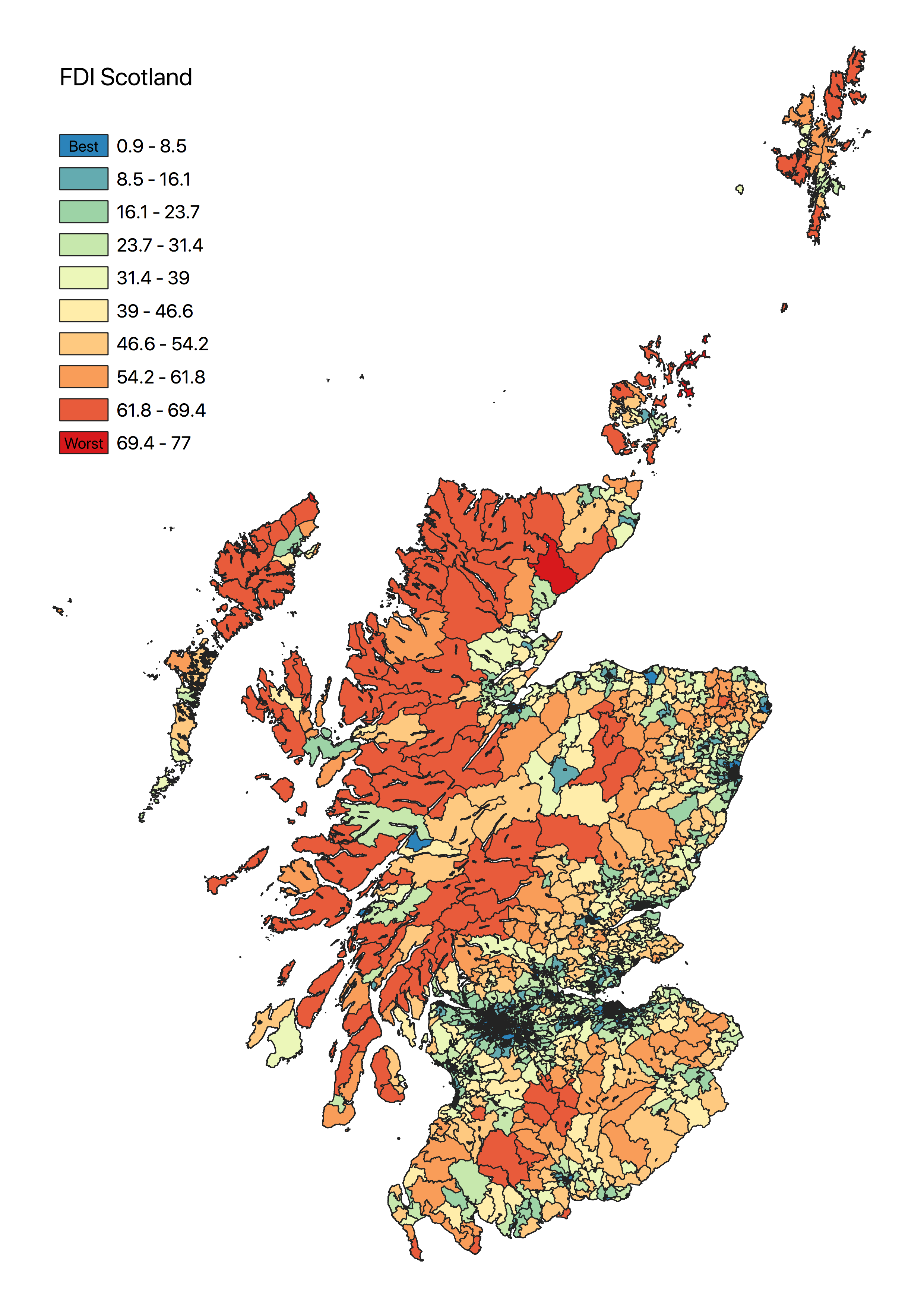 Map of FDI Score in Scotland - highest scores in the North, with pockets of high scores elsewhere