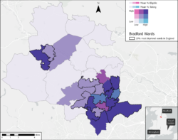 Figure 2 - Bivariate map showing percentage of children eligible for free school meals and of those, who took one on census day. School data has been aggregated to ward level.