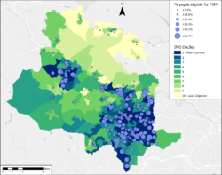 Figure 3 - Map showing schools in Bradford classified by percentage of children who were eligible for free school meals and made a claim on census day. Schools appear over the top of the English Indices of Multiple Deprivation 2019.