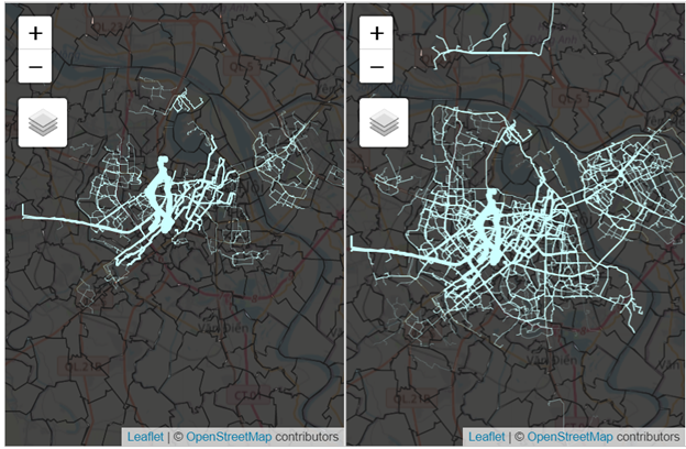 Figure 6: Map of routes weighted by flows. Left: before motorbike ban. Right: After motorbike ban