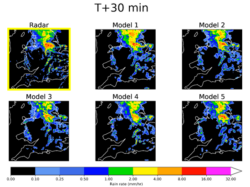 Image: Variational autoencoder predictions of rain rate 30 minutes in advance, compared to the radar truth in the top left. 