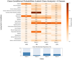 Heatmap defining the 4 disease clusters, with higher conditional class probabilities of diseases according to class membership. 