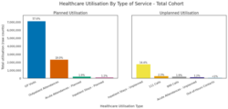 Bar plots showing relative proportions of total healthcare utilisation across the cohort by type of service.