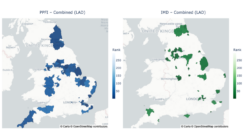 This figure consists of two choropleth maps of England displayed side by side at Local Authority District level.